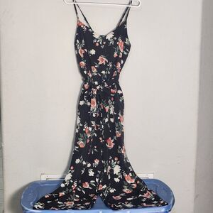 Alredine Floral‎ Wide Leg Jumpsuit Womens Small Navy Pink Sleeveless Belted